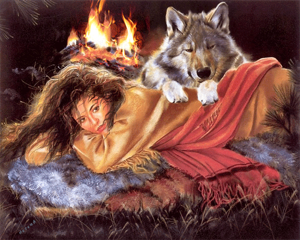 Girl with a wolf by the fireplace (Image trouve sur le net)